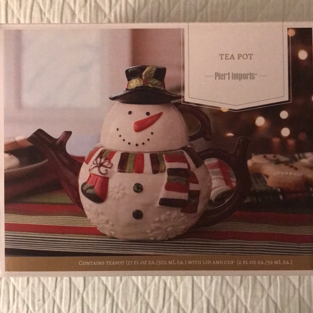 Pier 1 Imports Christmas Snowman Teapot Tea Pot & Cup In Box